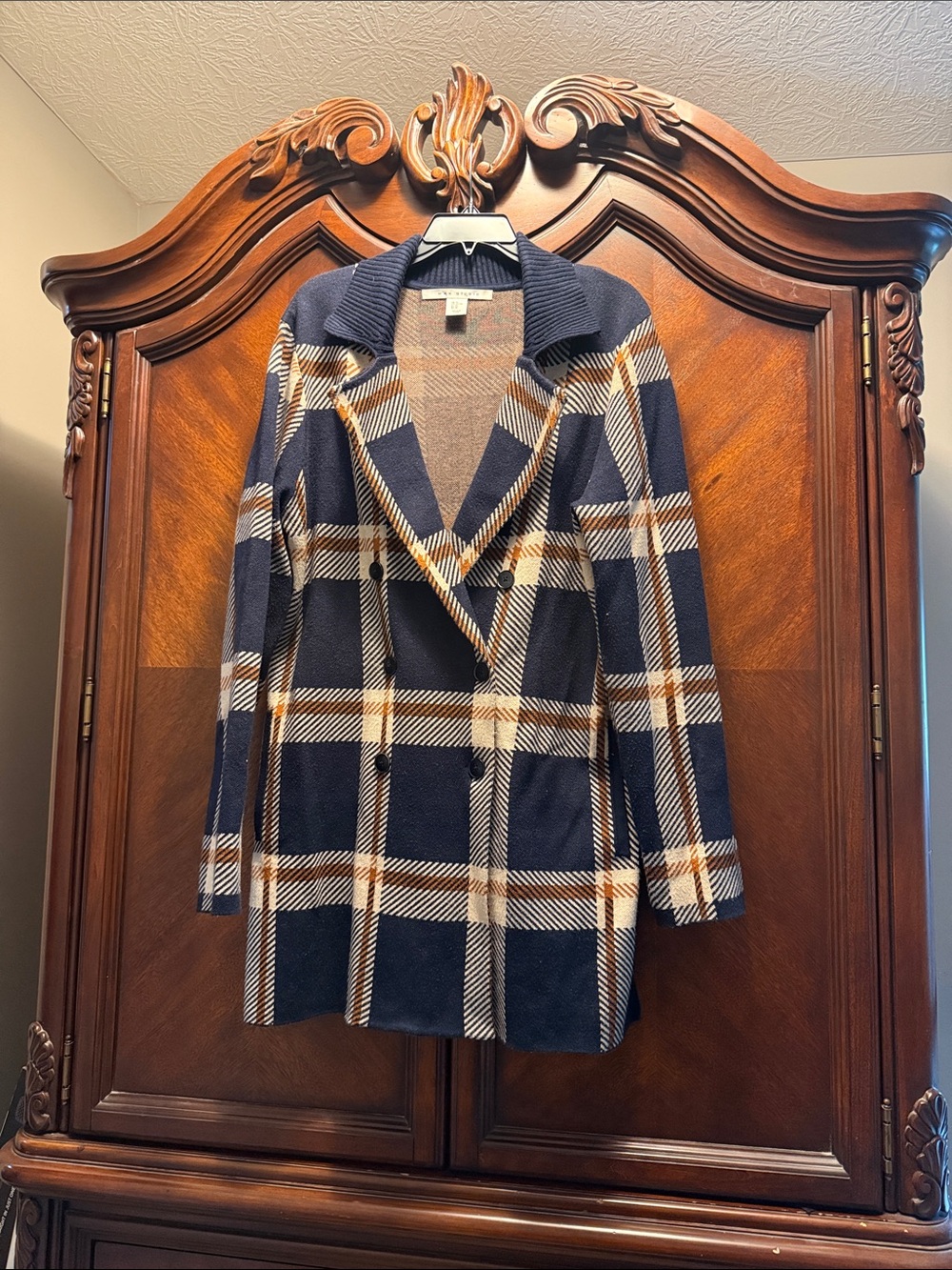 Double-Breasted Plaid Blazer Jacket - Navy, Cream & Tan